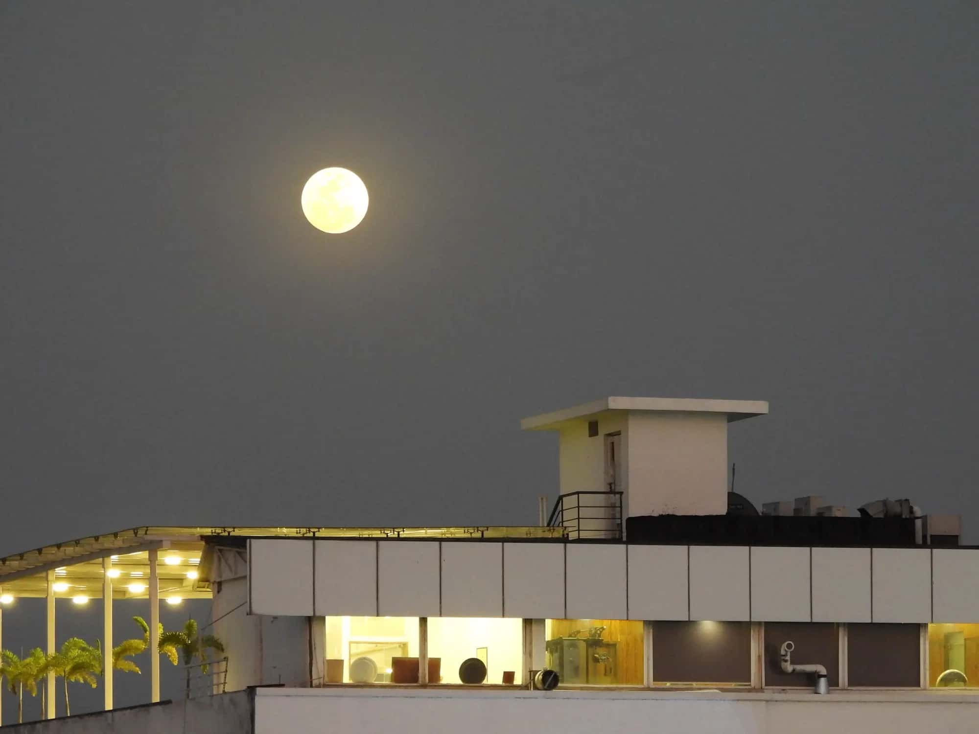 A bright full moon rising over a rooftop with lit windows