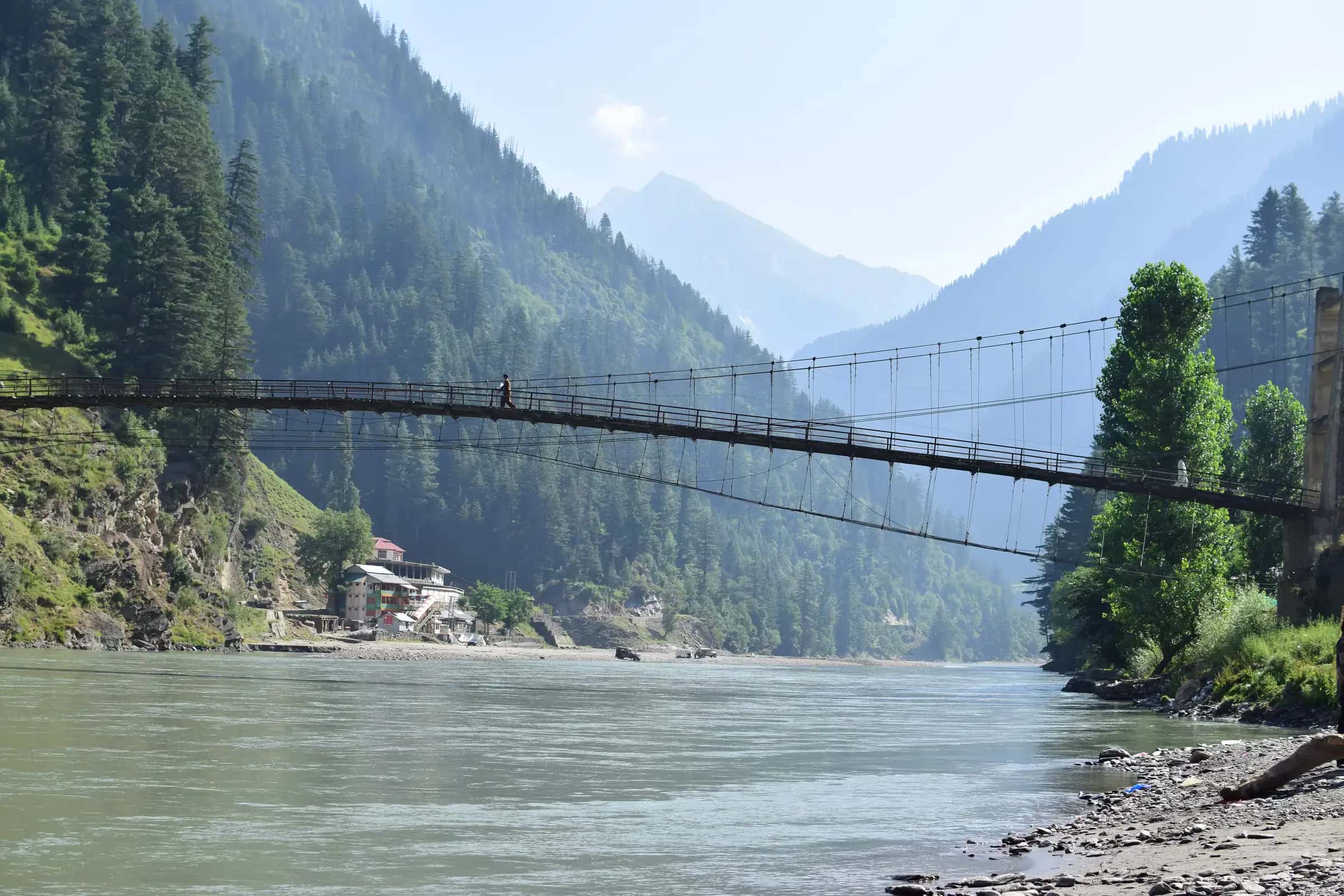 A suspension footbridge across the Neelum river at Sharda