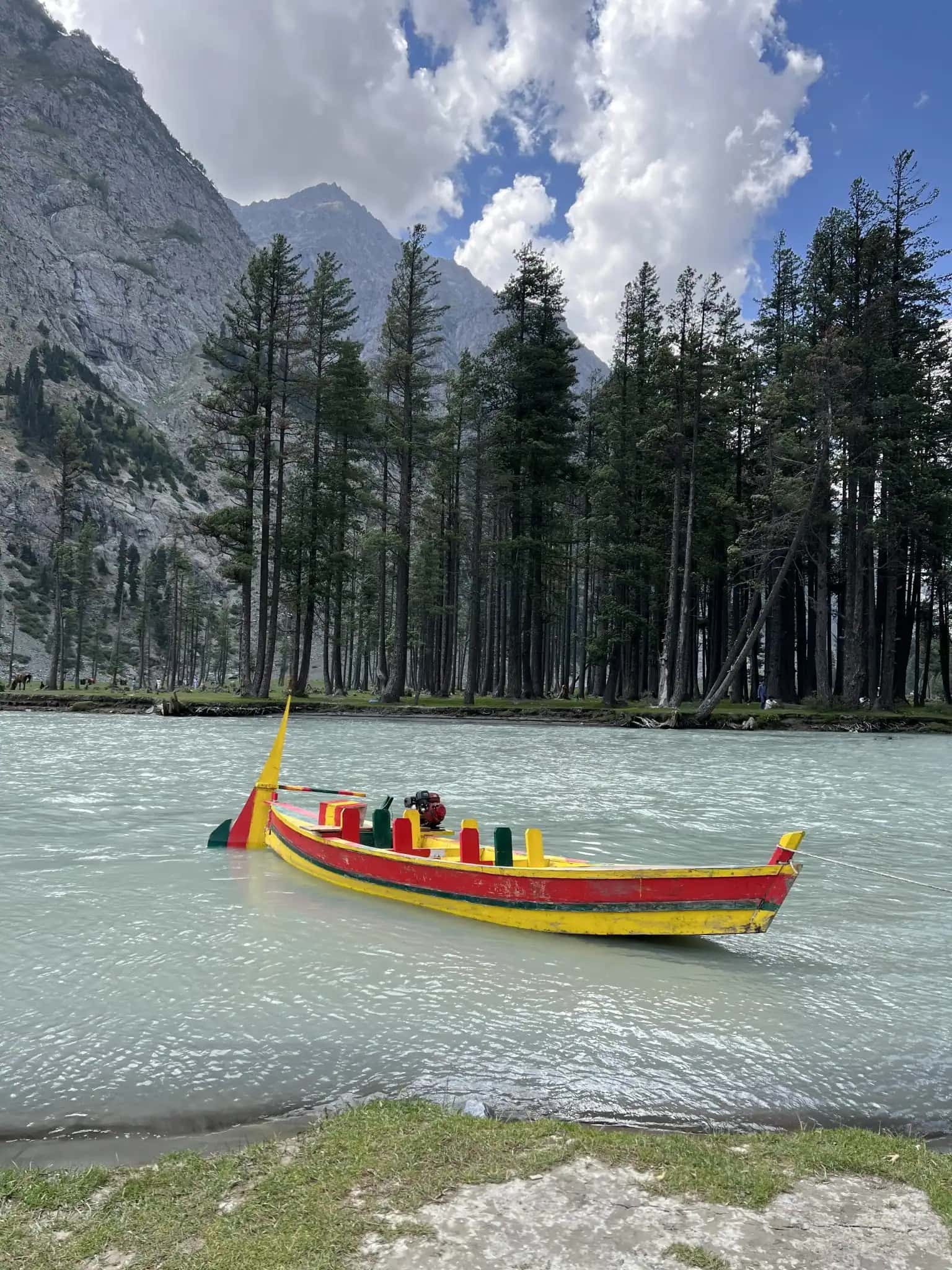 A painted wooden boat on Mahodand lake below a stand of pines