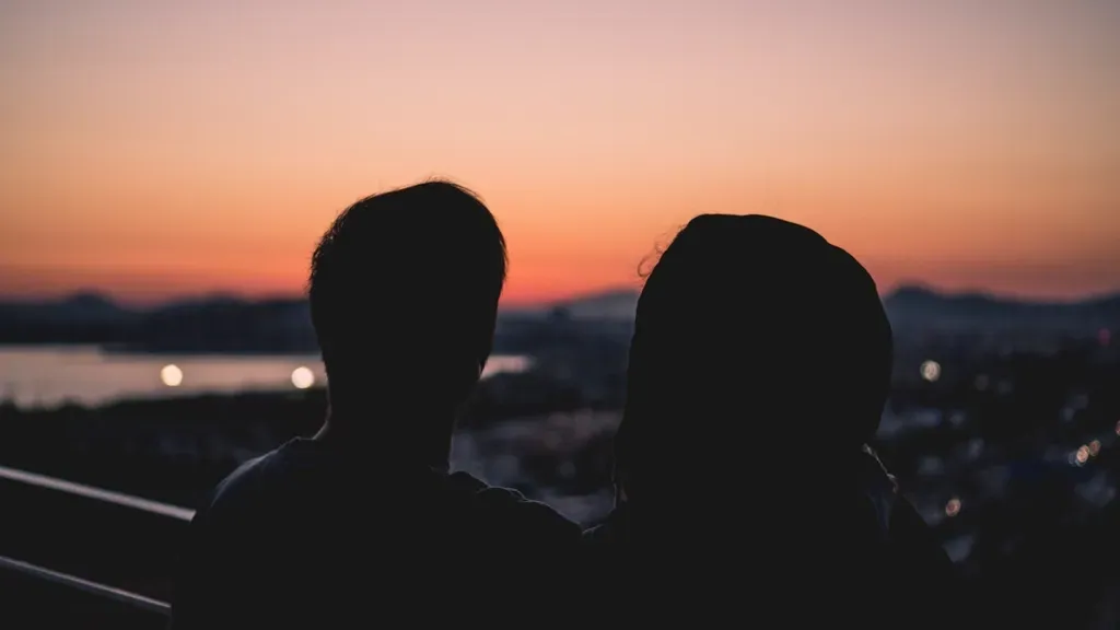 Two people in silhouette, shoulder to shoulder, watching the sun set over a city by the water