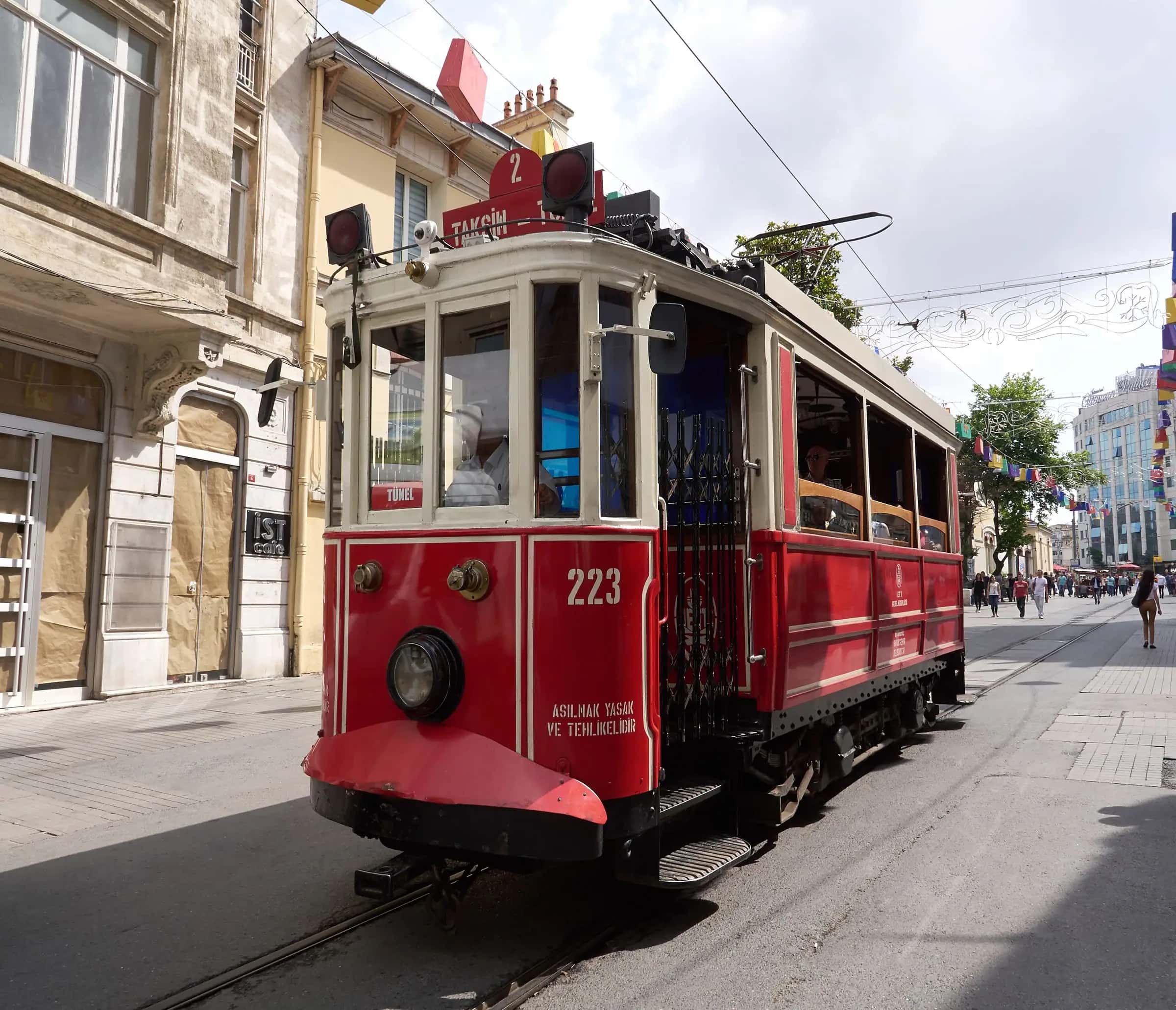 A red tram on Istiklal street