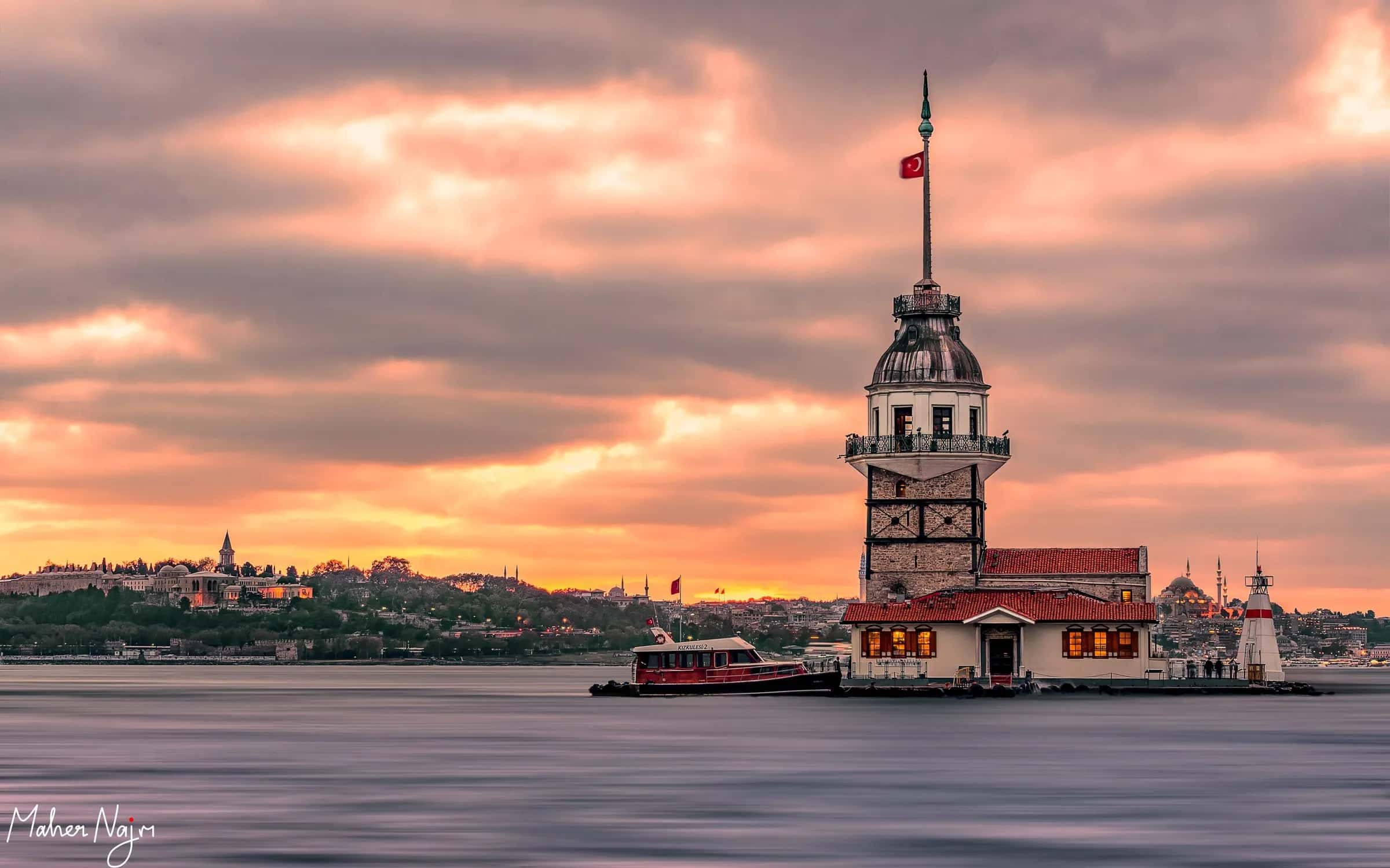 The Maiden's Tower under a pink sunset