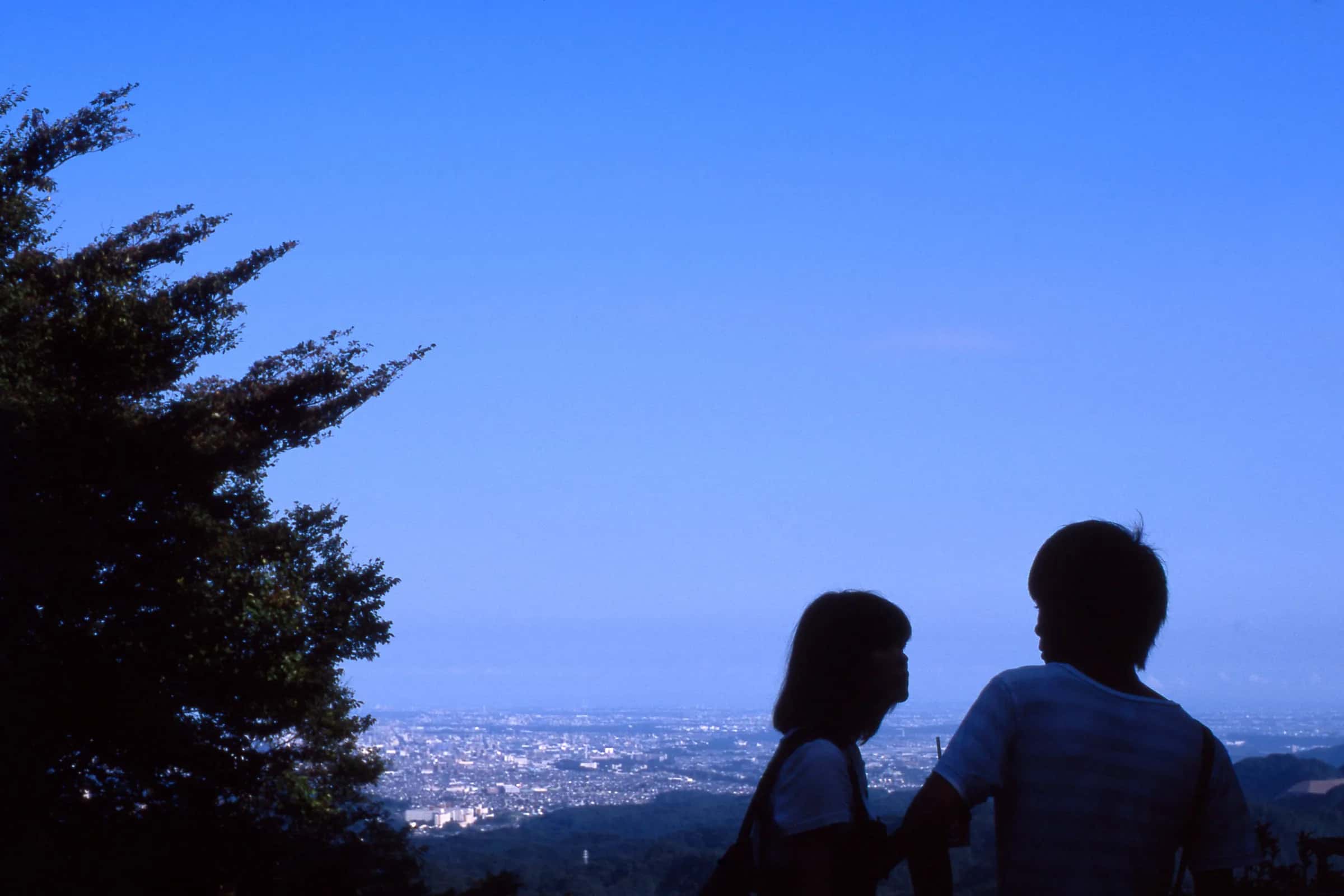 Two people in silhouette looking out over a city's lights at dusk