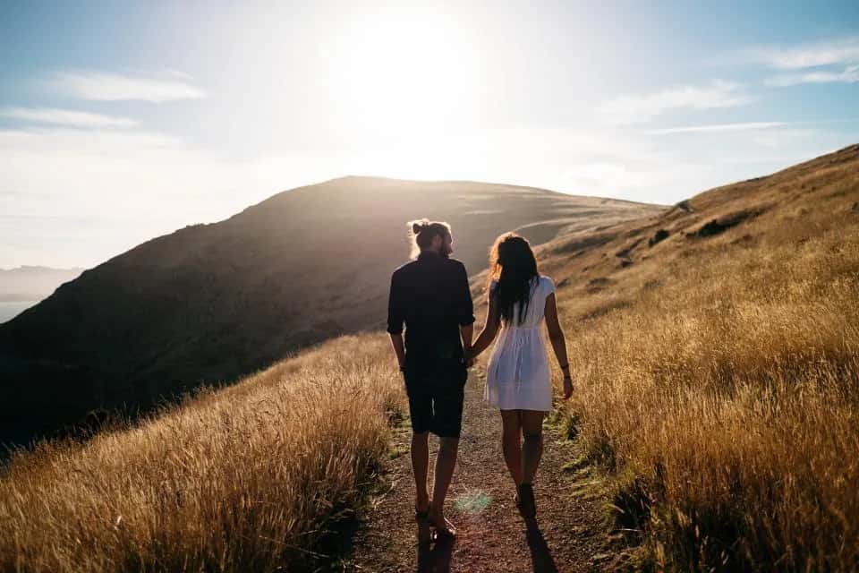 A couple seen from behind, hand in hand on a path up a golden hillside in the evening sun
