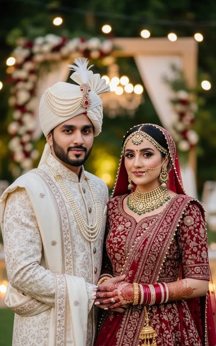 A groom in an ivory sherwani and turban beside his bride in deep red and gold, under a floral arch